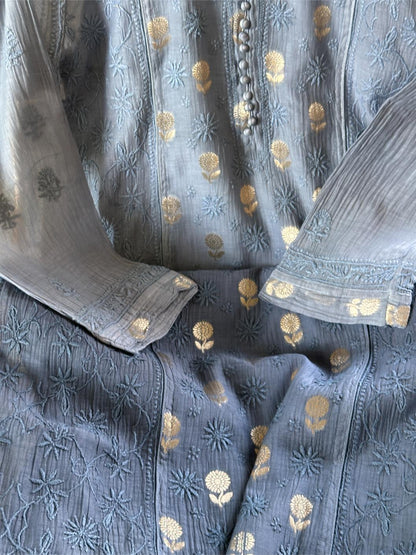 Mist Blue Shade Zari Chanderi Chikankari Ready to Wear Tunics