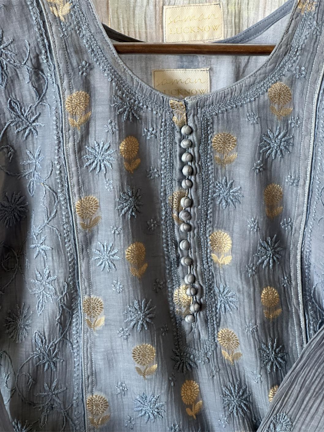 Mist Blue Shade Zari Chanderi Chikankari Ready to Wear Tunics