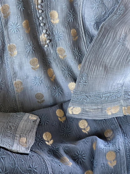 Mist Blue Shade Zari Chanderi Chikankari Ready to Wear Tunics