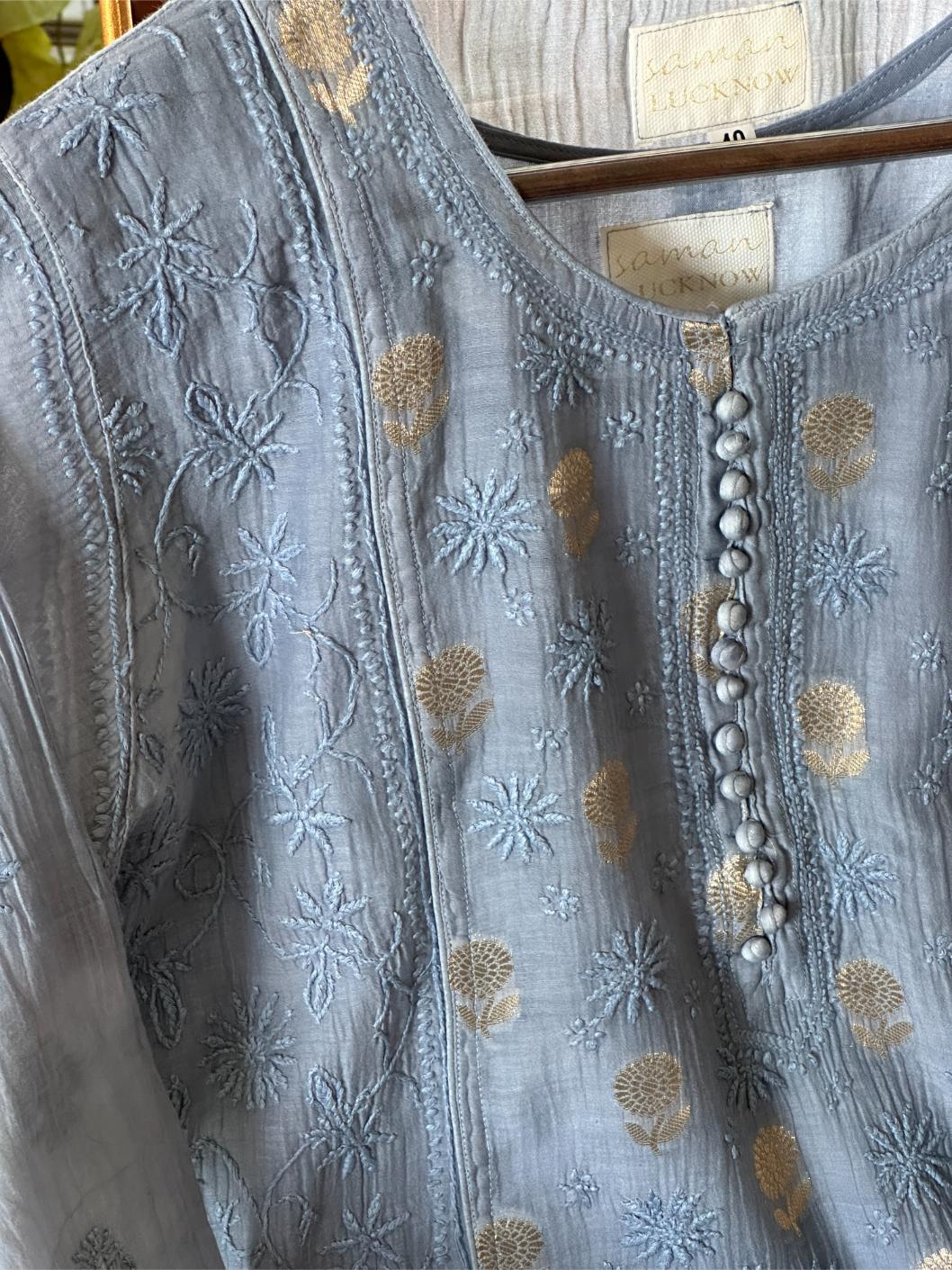 Mist Blue Shade Zari Chanderi Chikankari Ready to Wear Tunics