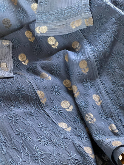 Mist Blue Shade Zari Chanderi Chikankari Ready to Wear Tunics