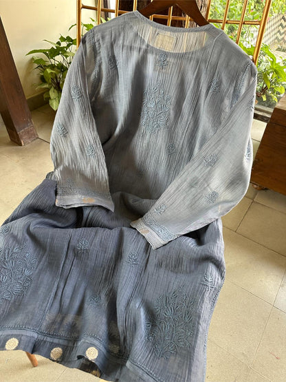 Mist Blue Shade Zari Chanderi Chikankari Ready to Wear Tunics