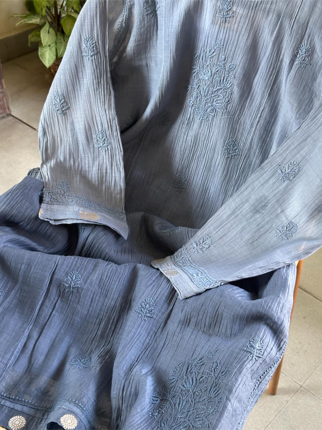 Mist Blue Shade Zari Chanderi Chikankari Ready to Wear Tunics