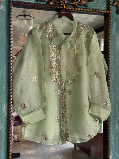 Mist Green Noor Organza Mukaish Badla Short Top With Bow Tie