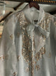 Mist Grey Noor Organza Mukaish Badla Short Top With Bow Tie