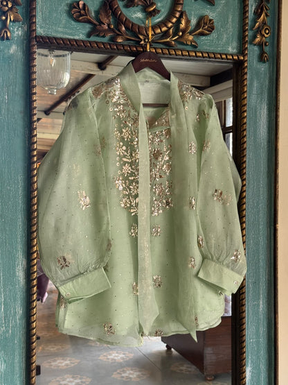 Mist Green Noor Organza Mukaish Badla Short Top With Bow Tie