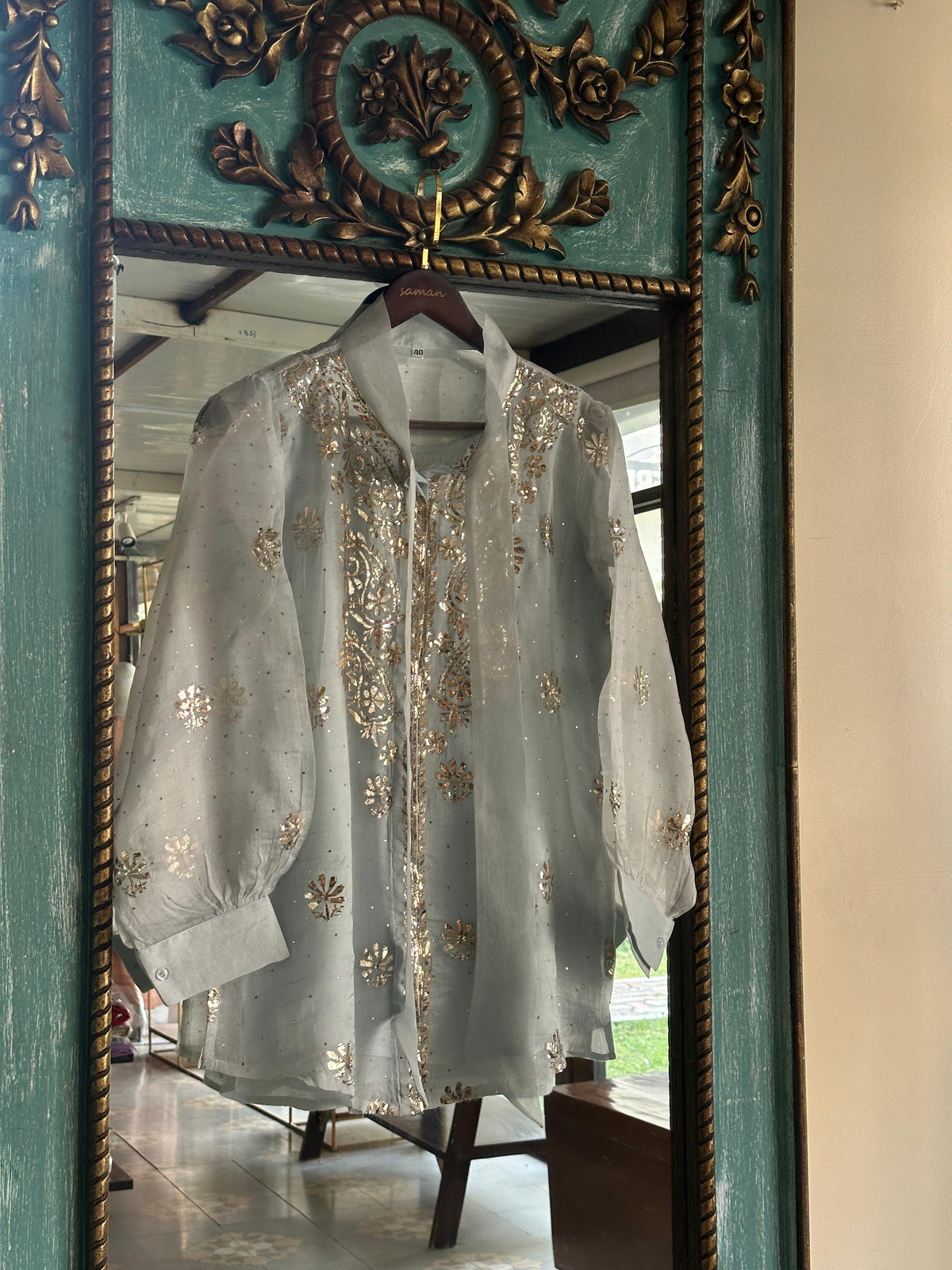 Mist Grey Noor Organza Mukaish Badla Short Top With Bow Tie