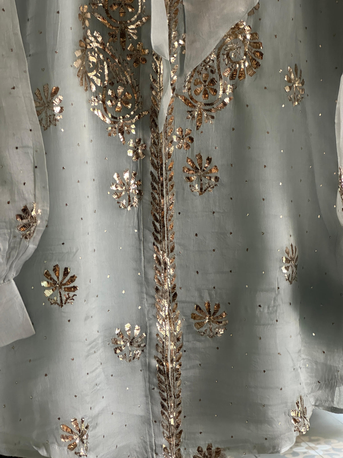 Mist Grey Noor Organza Mukaish Badla Short Top With Bow Tie