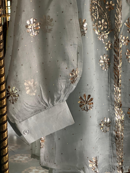 Mist Grey Noor Organza Mukaish Badla Short Top With Bow Tie