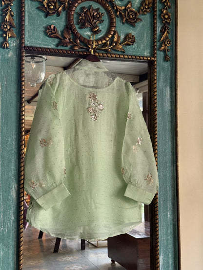 Mist Green Noor Organza Mukaish Badla Short Top With Bow Tie