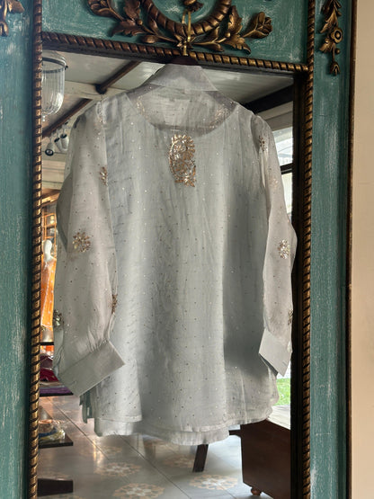 Mist Grey Noor Organza Mukaish Badla Short Top With Bow Tie
