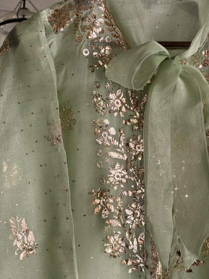 Mist Green Noor Organza Mukaish Badla Short Top With Bow Tie