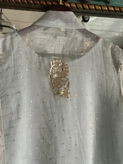 Mist Grey Noor Organza Mukaish Badla Short Top With Bow Tie