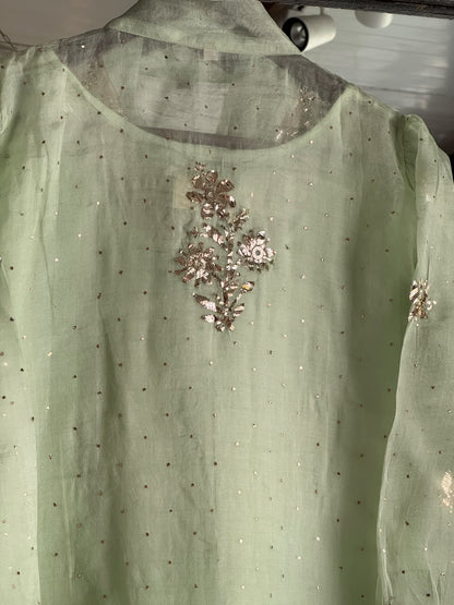 Mist Green Noor Organza Mukaish Badla Short Top With Bow Tie