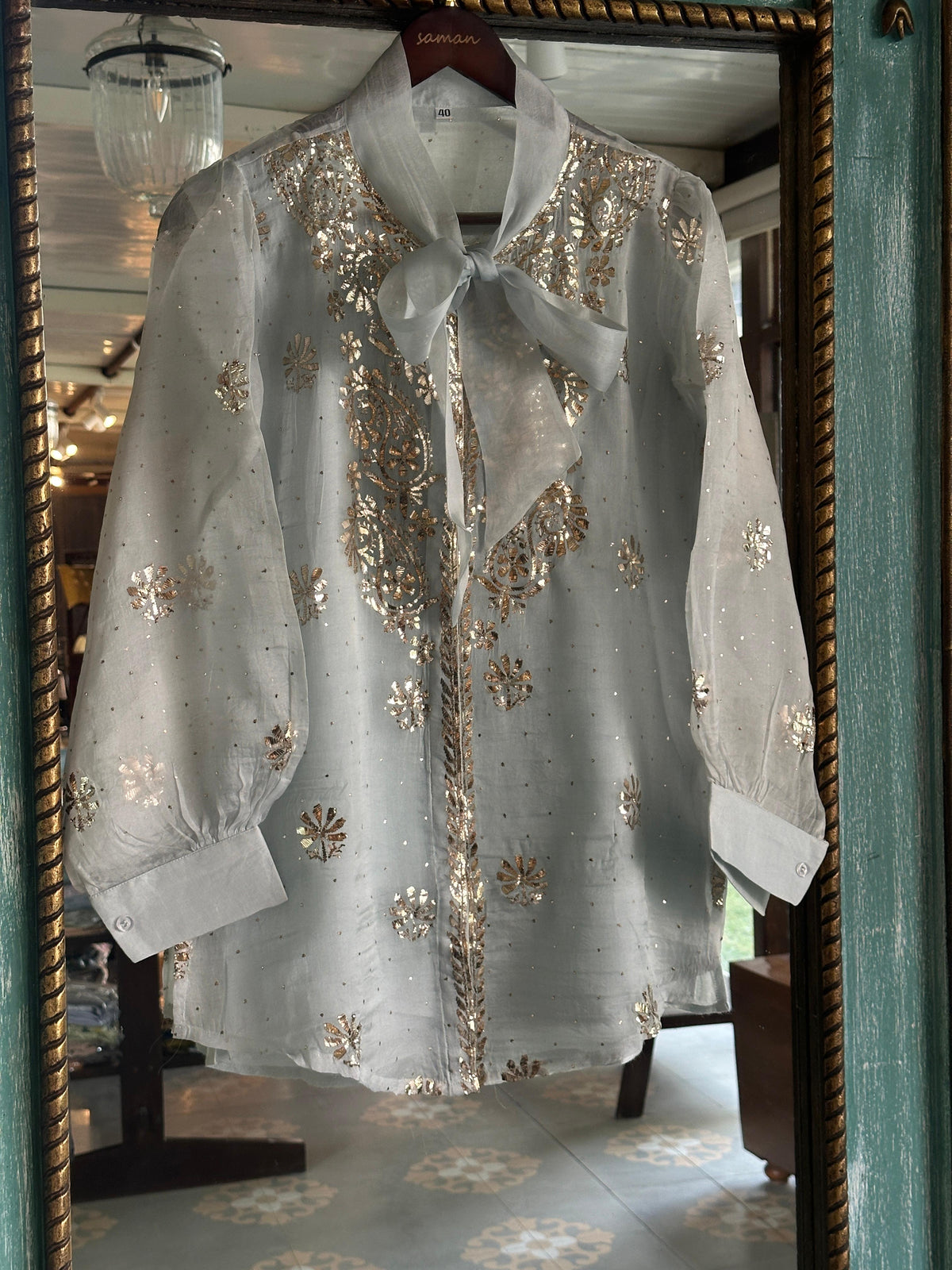 Mist Grey Noor Organza Mukaish Badla Short Top With Bow Tie