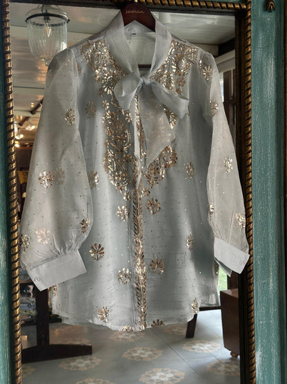 Mist Grey Noor Organza Mukaish Badla Short Top With Bow Tie