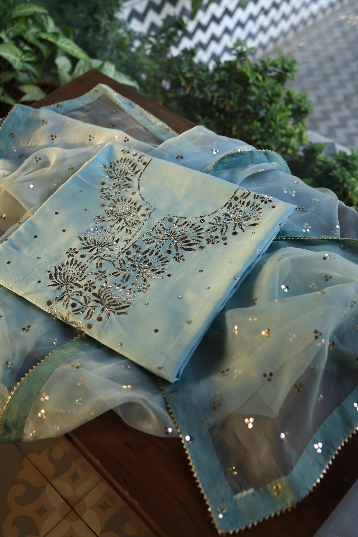 Mist Grey Shade Chanderi Silk Mukaish Badla Unstitched Fabrics