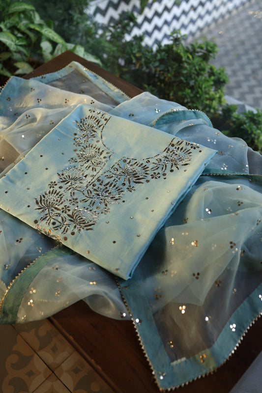 Mist Grey Shade Chanderi Silk Mukaish Badla Unstitched Fabrics