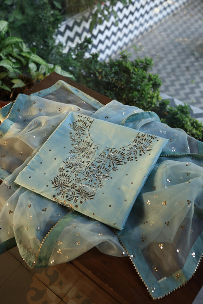 Mist Grey Shade Chanderi Silk Mukaish Badla Unstitched Fabrics