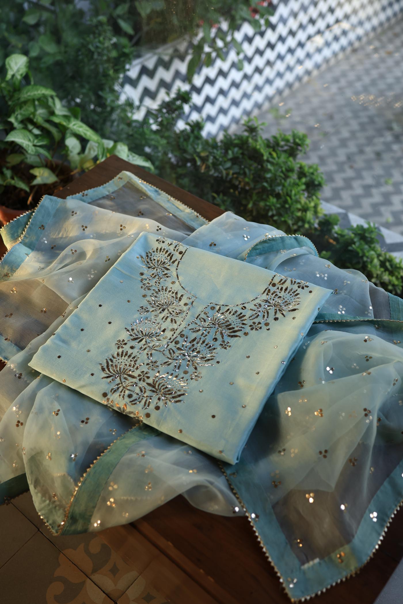 Mist Grey Shade Chanderi Silk Mukaish Badla Unstitched Fabrics