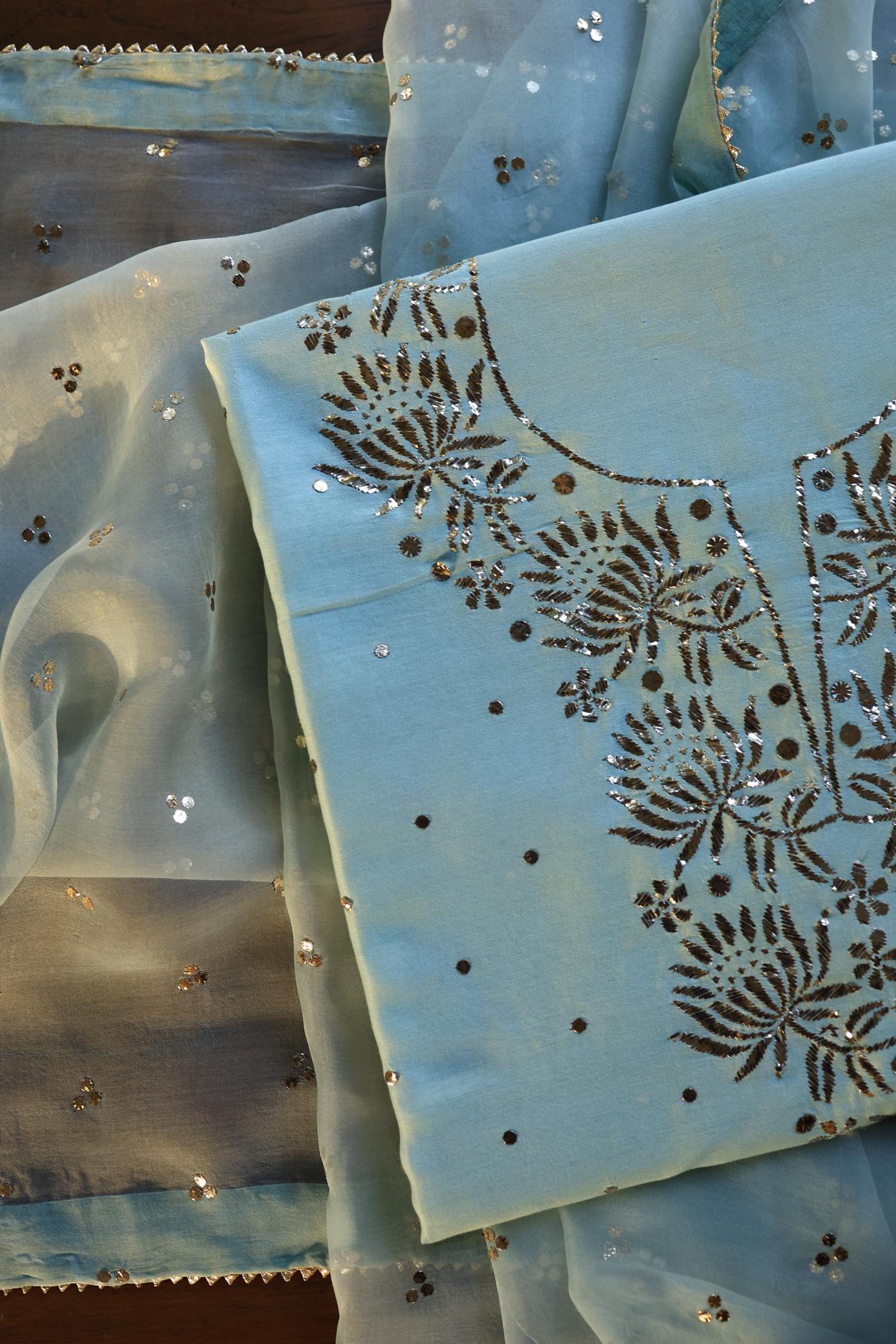 Mist Grey Shade Chanderi Silk Mukaish Badla Unstitched Fabrics