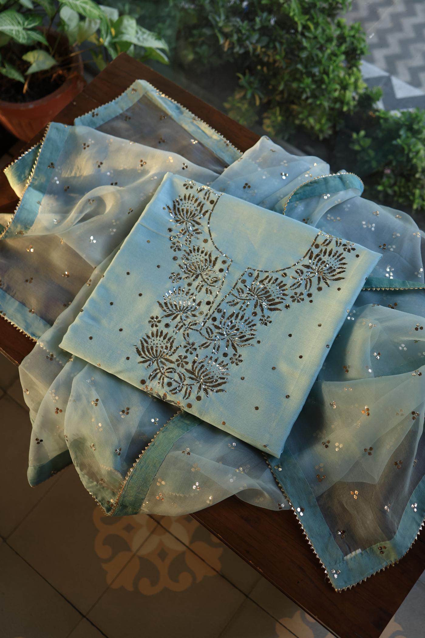 Mist Grey Shade Chanderi Silk Mukaish Badla Unstitched Fabrics
