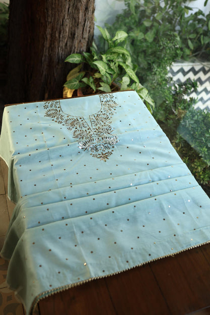 Mist Grey Shade Chanderi Silk Mukaish Badla Unstitched Fabrics