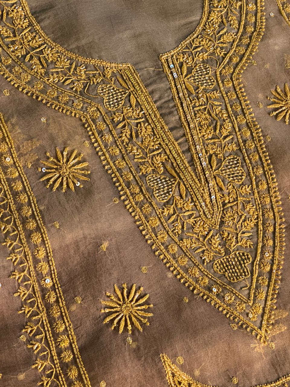 Mocha Beige Shade Noor Organza Silk Chikankari Unstitched Fabric