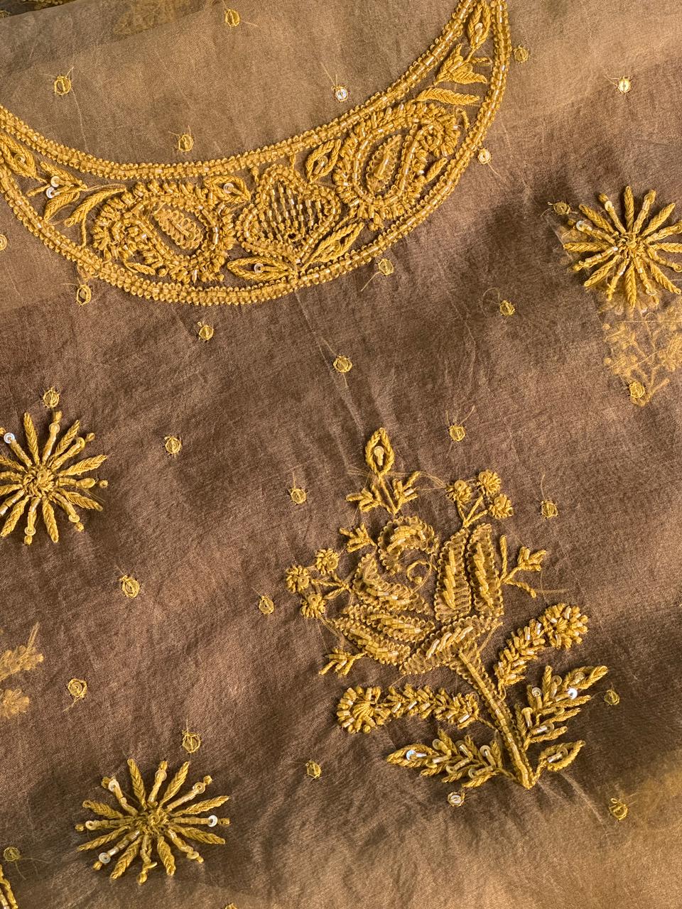 Mocha Beige Shade Noor Organza Silk Chikankari Unstitched Fabric
