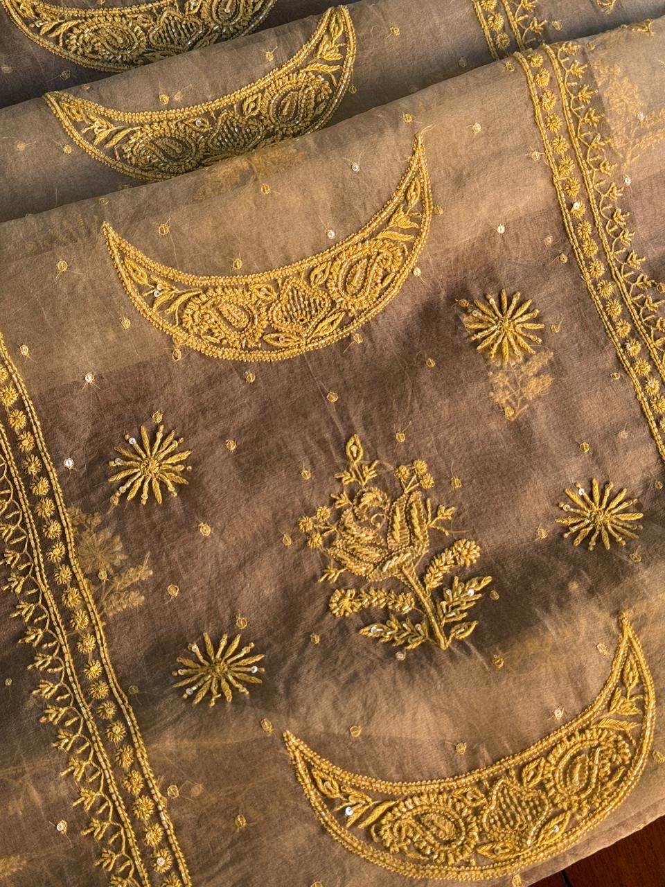 Mocha Beige Shade Noor Organza Silk Chikankari Unstitched Fabric