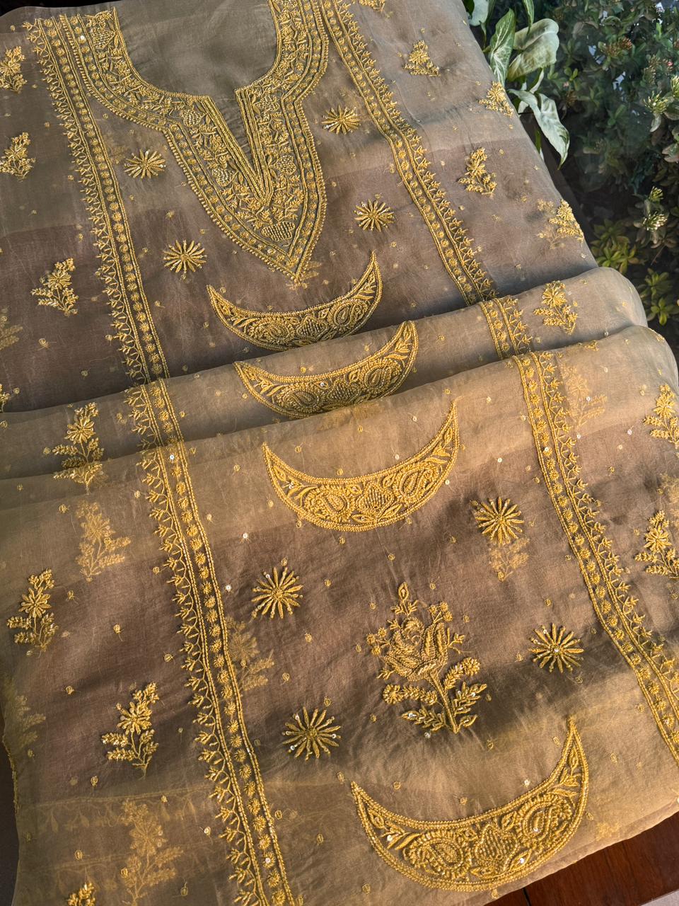 Mocha Beige Shade Noor Organza Silk Chikankari Unstitched Fabric