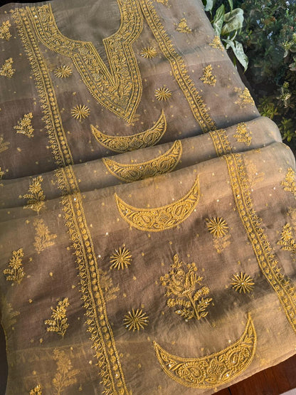 Mocha Beige Shade Noor Organza Silk Chikankari Unstitched Fabric