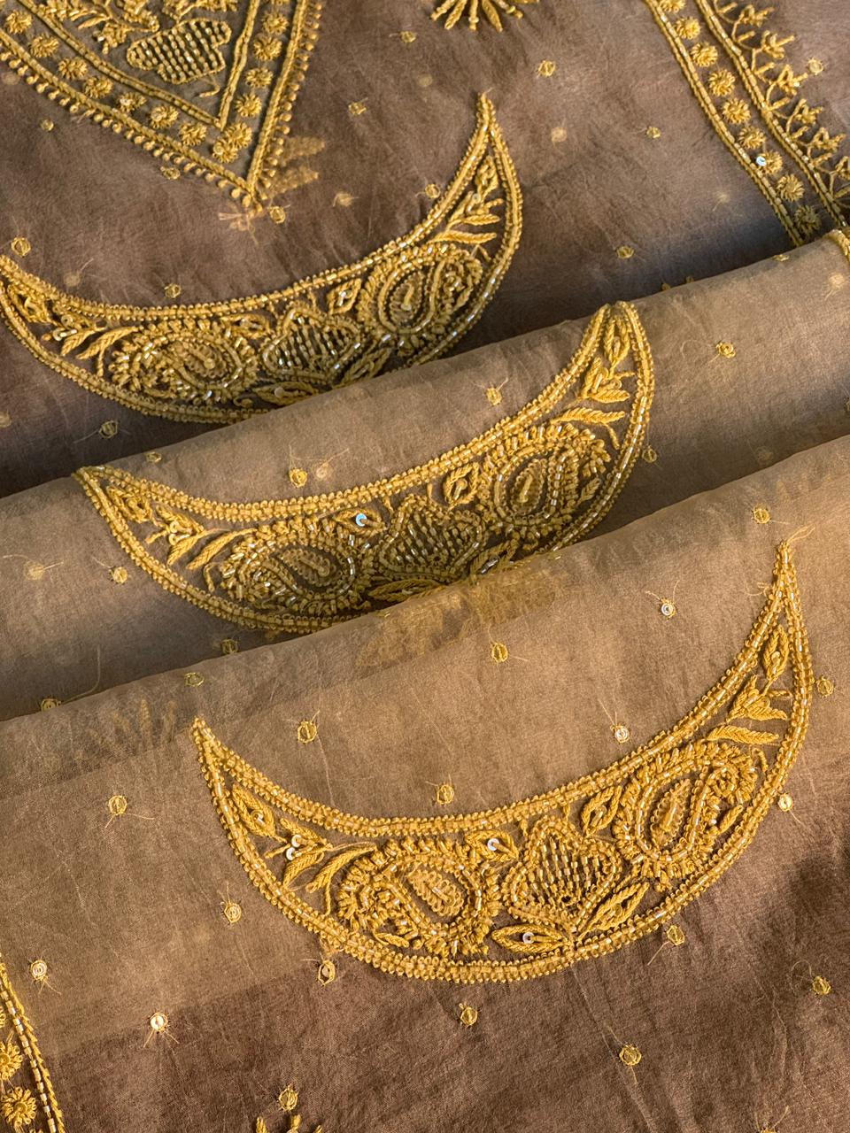Mocha Beige Shade Noor Organza Silk Chikankari Unstitched Fabric
