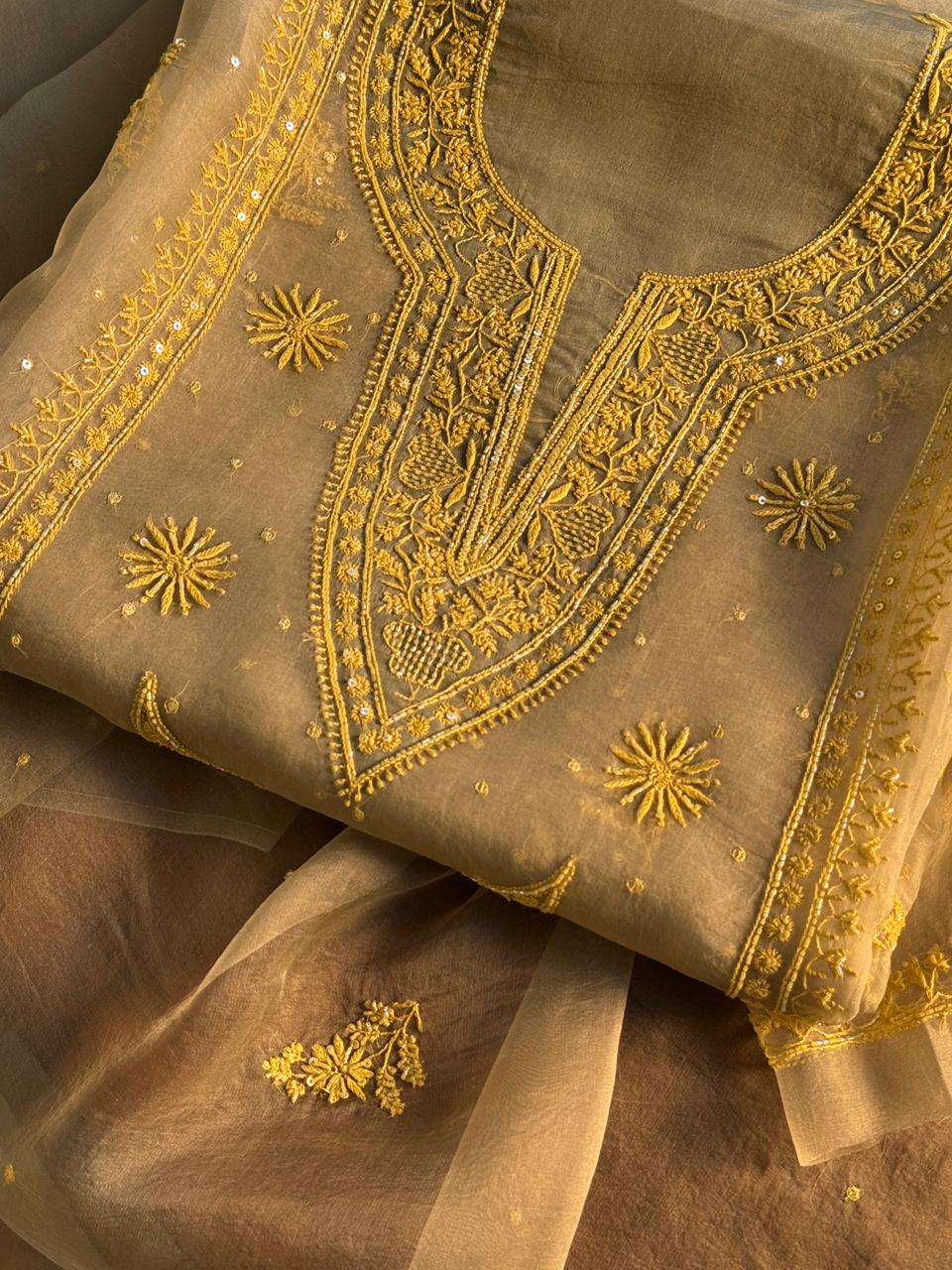 Mocha Beige Shade Noor Organza Silk Chikankari Unstitched Fabric