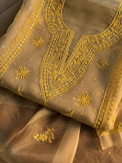 Mocha Beige Shade Noor Organza Silk Chikankari Unstitched Fabric