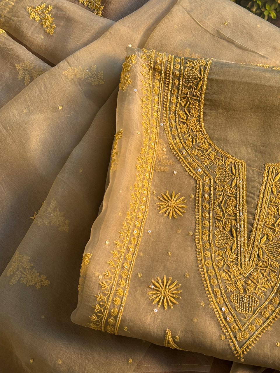 Mocha Beige Shade Noor Organza Silk Chikankari Unstitched Fabric