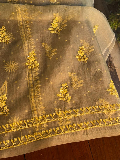 Mocha Beige Shade Noor Organza Silk Chikankari Unstitched Fabric