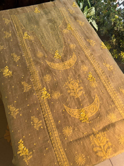 Mocha Beige Shade Noor Organza Silk Chikankari Unstitched Fabric