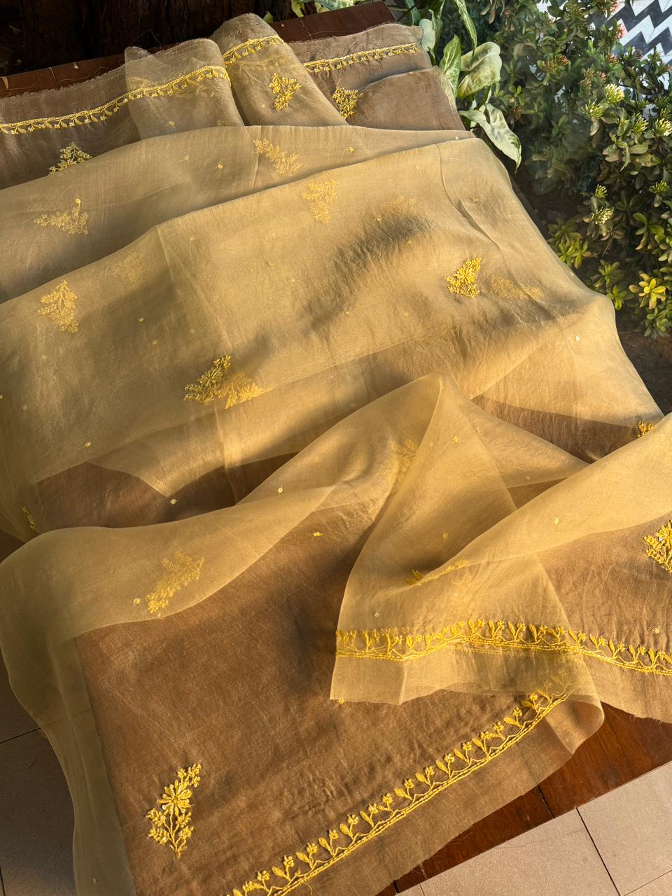 Mocha Beige Shade Noor Organza Silk Chikankari Unstitched Fabric