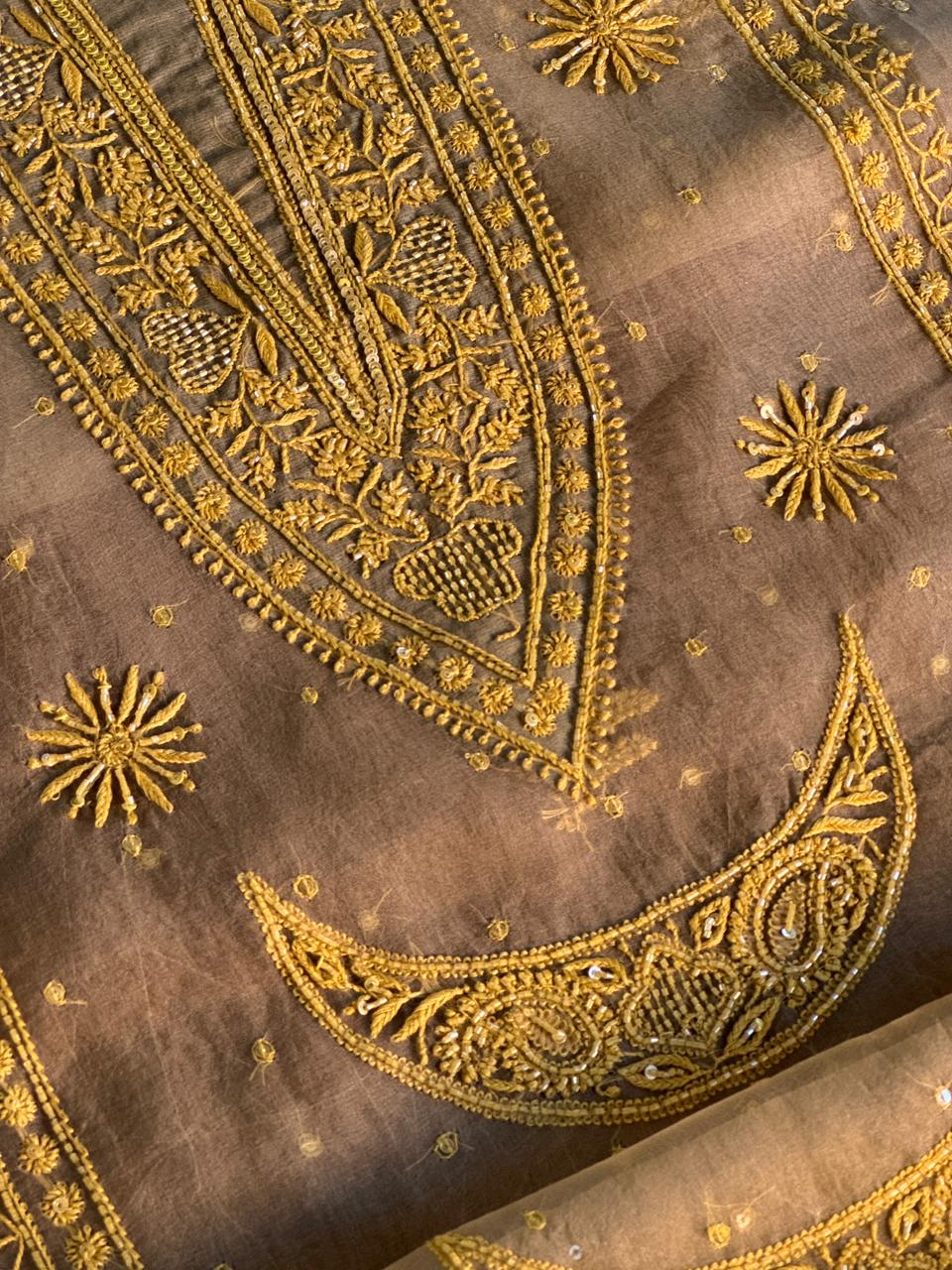 Mocha Beige Shade Noor Organza Silk Chikankari Unstitched Fabric