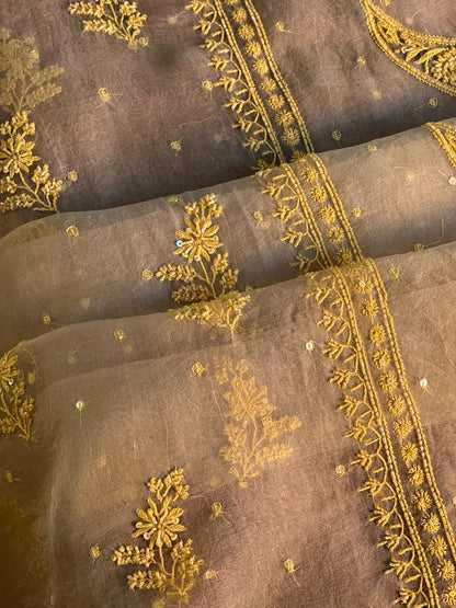 Mocha Beige Shade Noor Organza Silk Chikankari Unstitched Fabric
