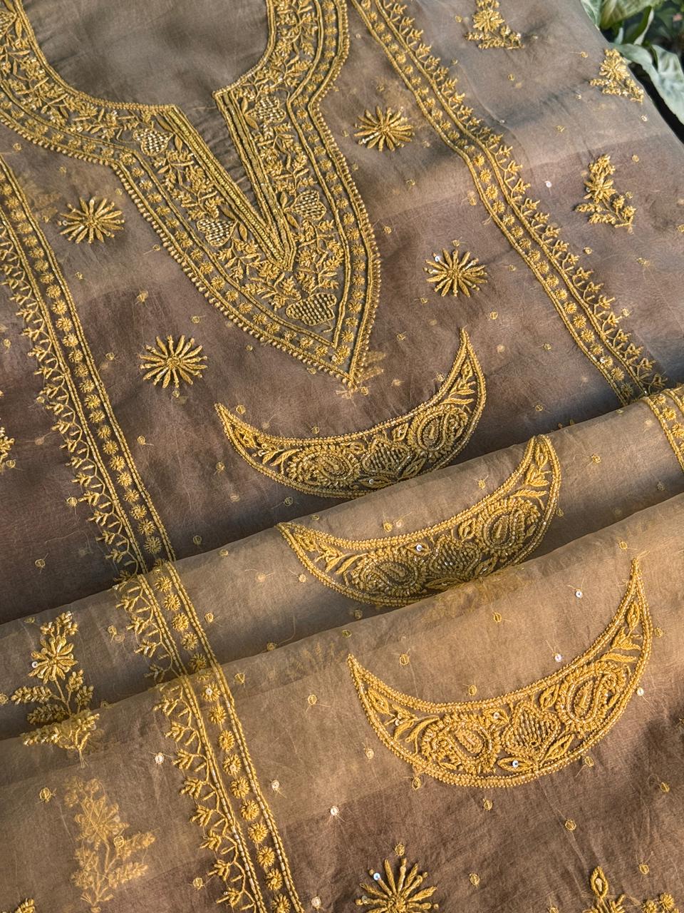 Mocha Beige Shade Noor Organza Silk Chikankari Unstitched Fabric