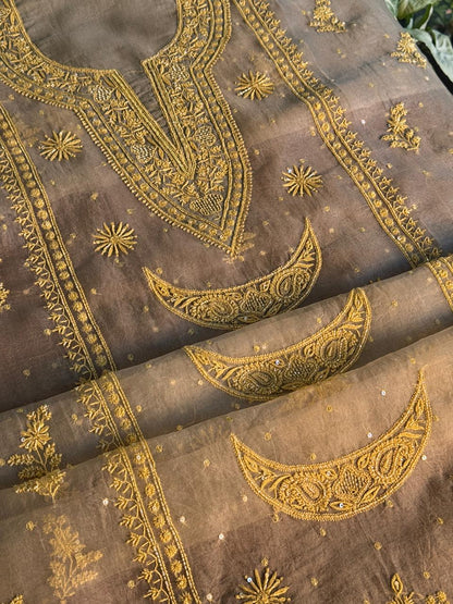 Mocha Beige Shade Noor Organza Silk Chikankari Unstitched Fabric