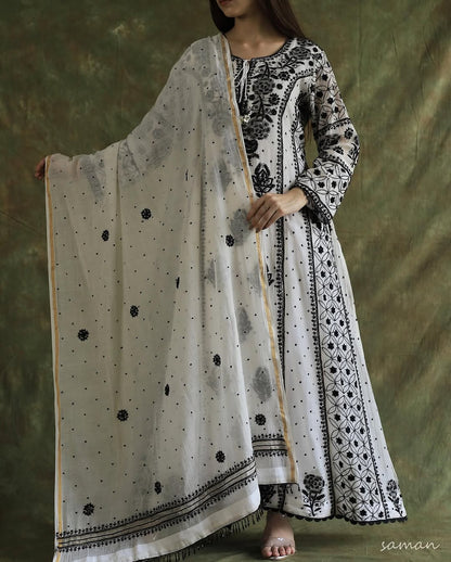 Monochrome Black & White Malmal Pearl Work Chikankari A Line Kurta With Dupatta