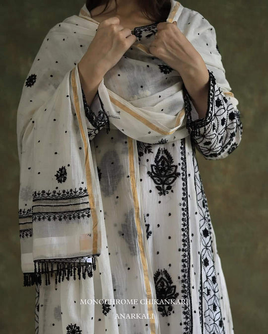 Monochrome Black & White Malmal Pearl Work Chikankari A Line Kurta With Dupatta