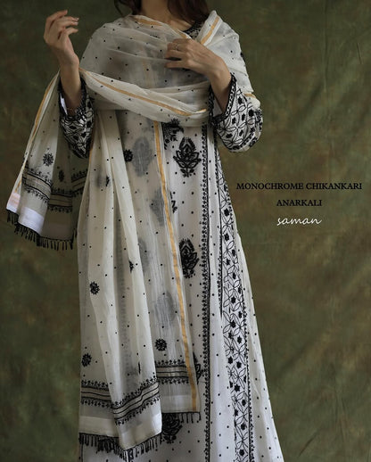 Monochrome Black & White Malmal Pearl Work Chikankari A Line Kurta With Dupatta