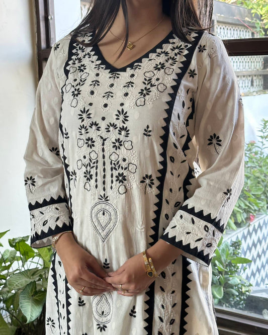 Monochrome Applique Cotton Chikankari Kurta