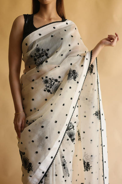 Monochrome Silk Organza Chikankari Saree With Sequins & Beads Work