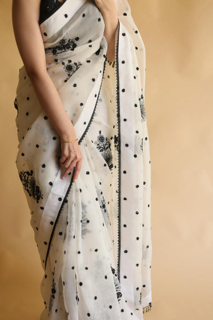 Monochrome Silk Organza Chikankari Saree With Sequins & Beads Work