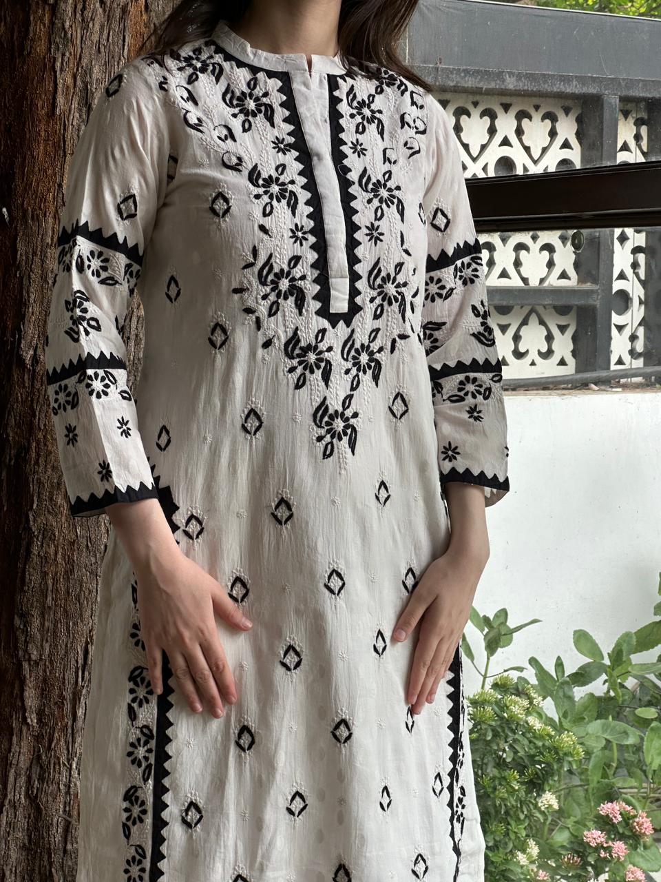 Monochrome Applique Cotton Chikankari Kurta